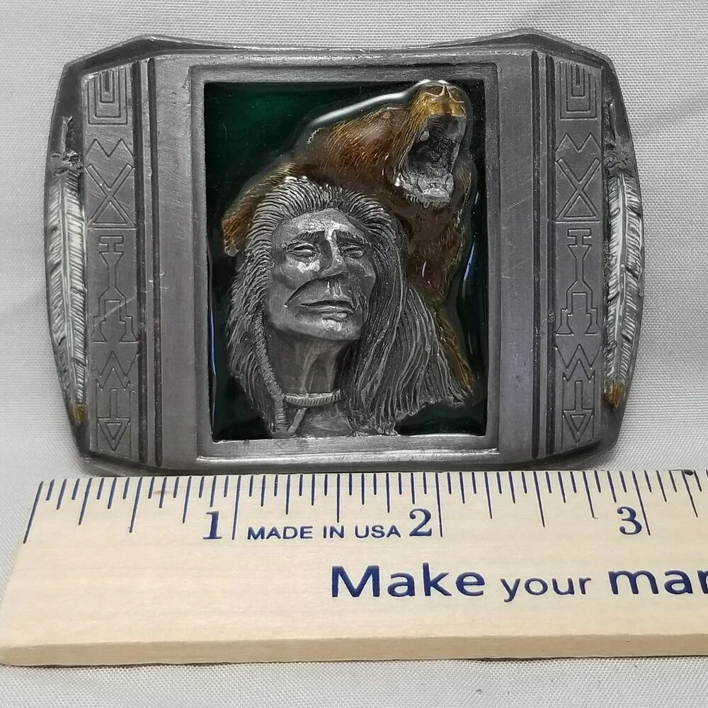 Belt Buckle Pewter 1990 The Guardian‎ Native American Indian Chief With Bear Art